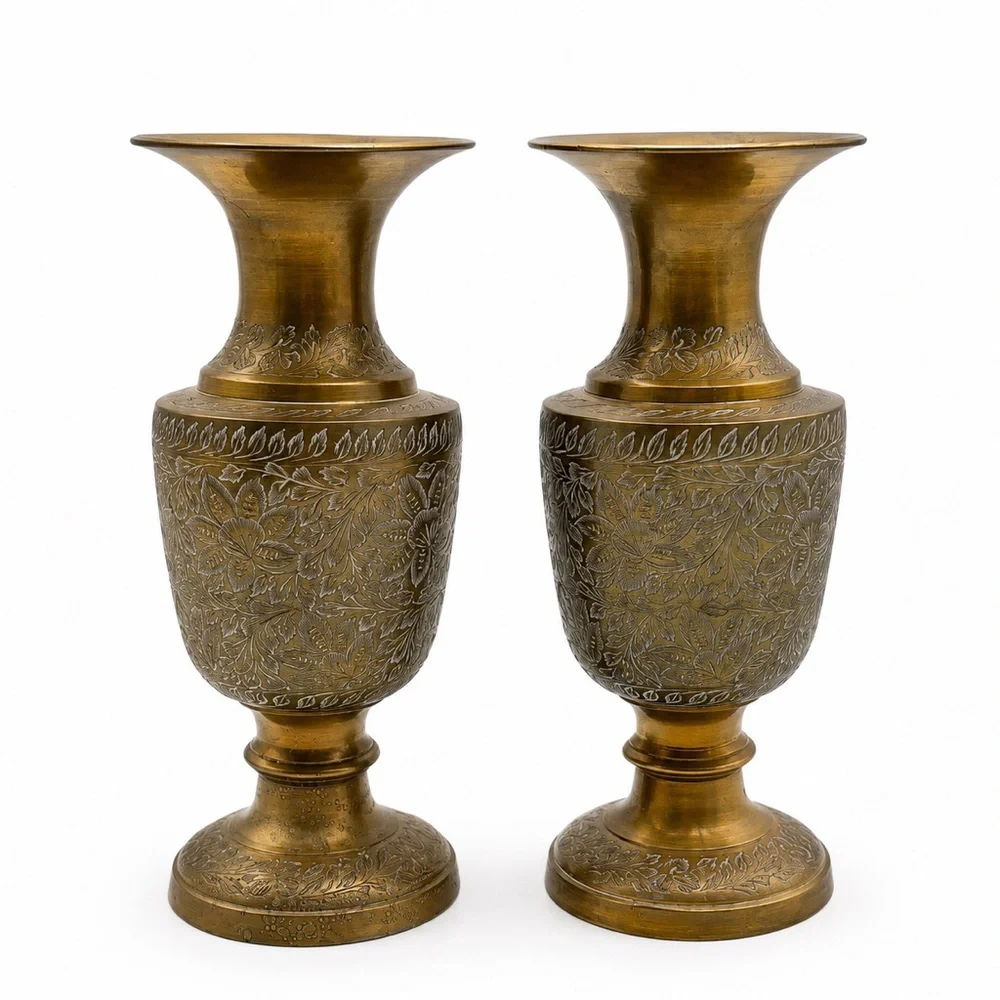 Vintage Brass Etched Floral Vase Pair Indian Engraved Boho Hollywood Regency