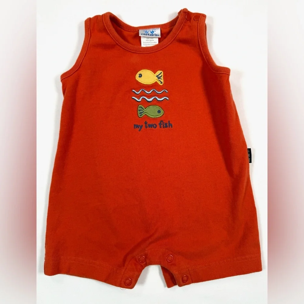 CARTER’S Baby Boys 2000s “My Two Fish” Embroidered‎ Nautical Jon Jon Romper 3-6M