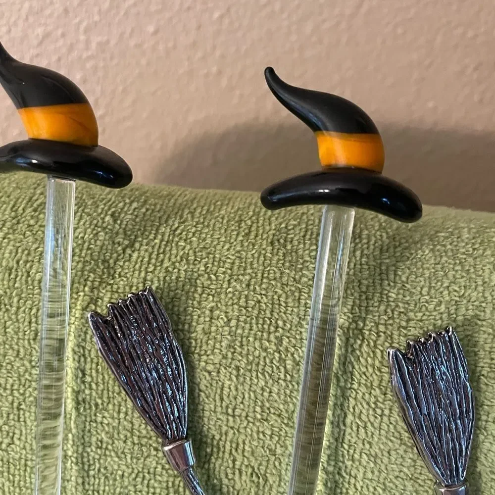 Blown Glass Witch Hat Stir Sticks Metal Broom Stir Sticks lot of 8!