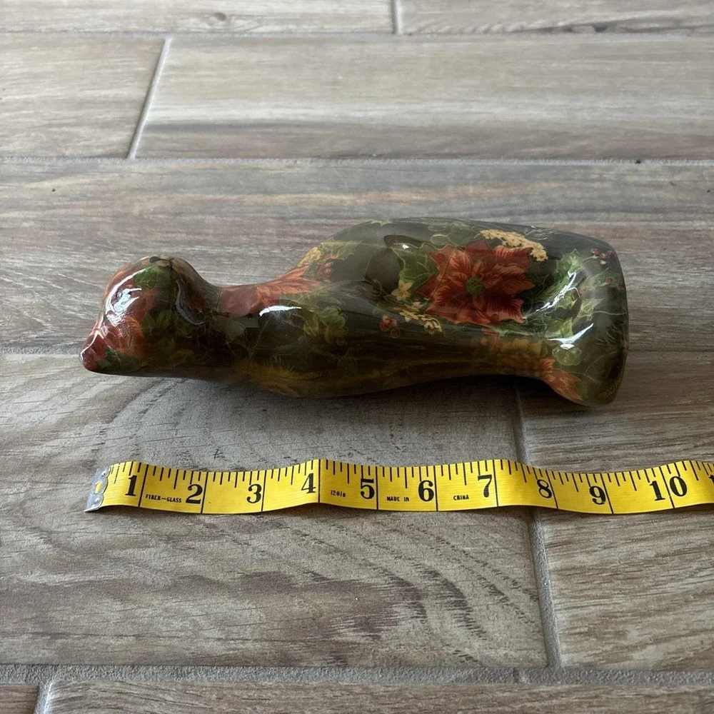 Vintage Cat Decoupage Look Poinsettia Green Floral Figurine Statue 9
