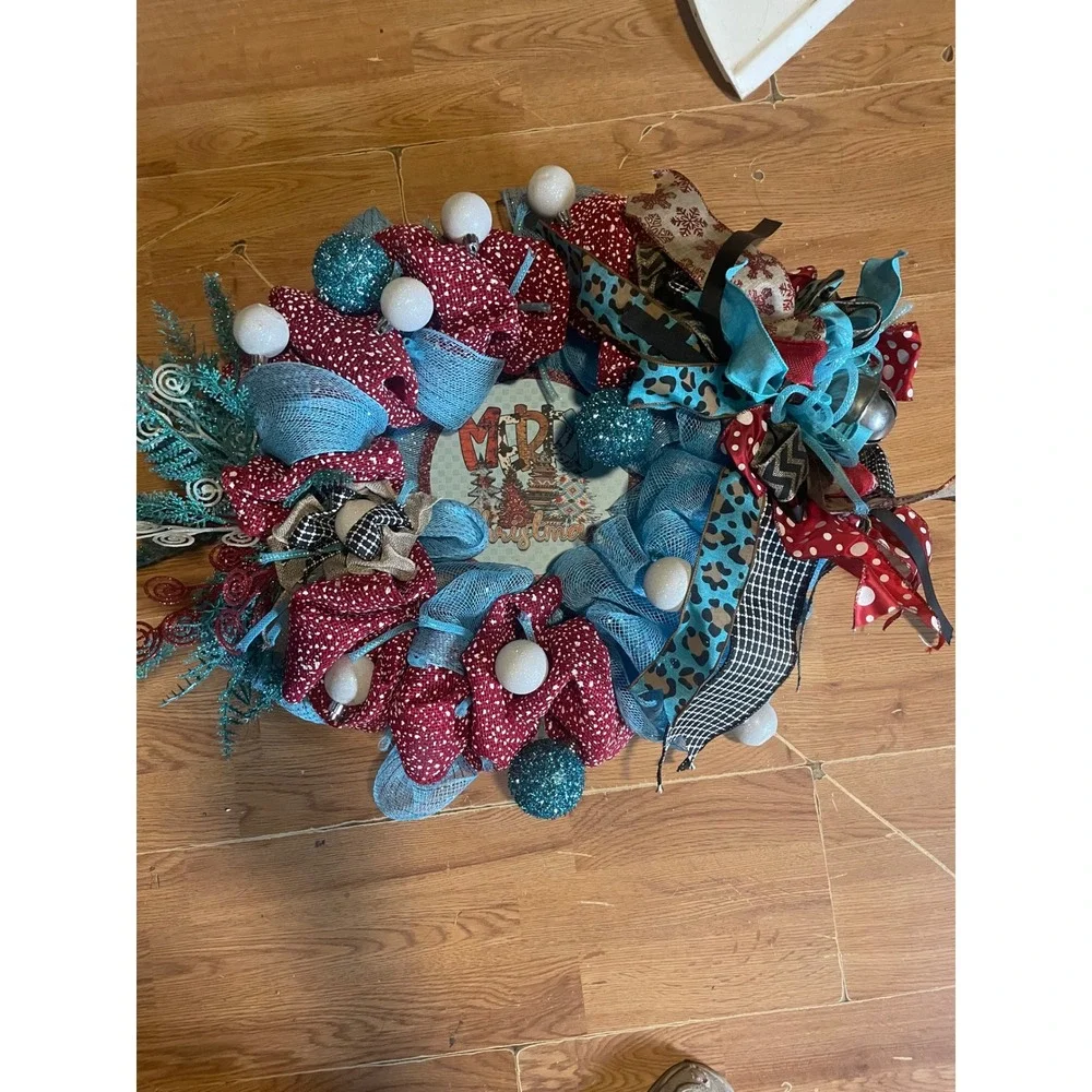 Christmas Wreath Turquoise Red White Holiday Decor Door Wall‎ Hanging