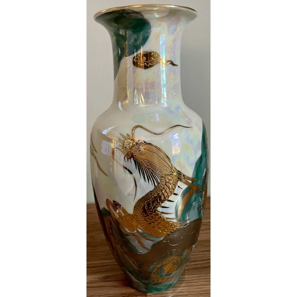 Vintage Aito China Hand Painted Japan Dragon Vase 18K Gold  12