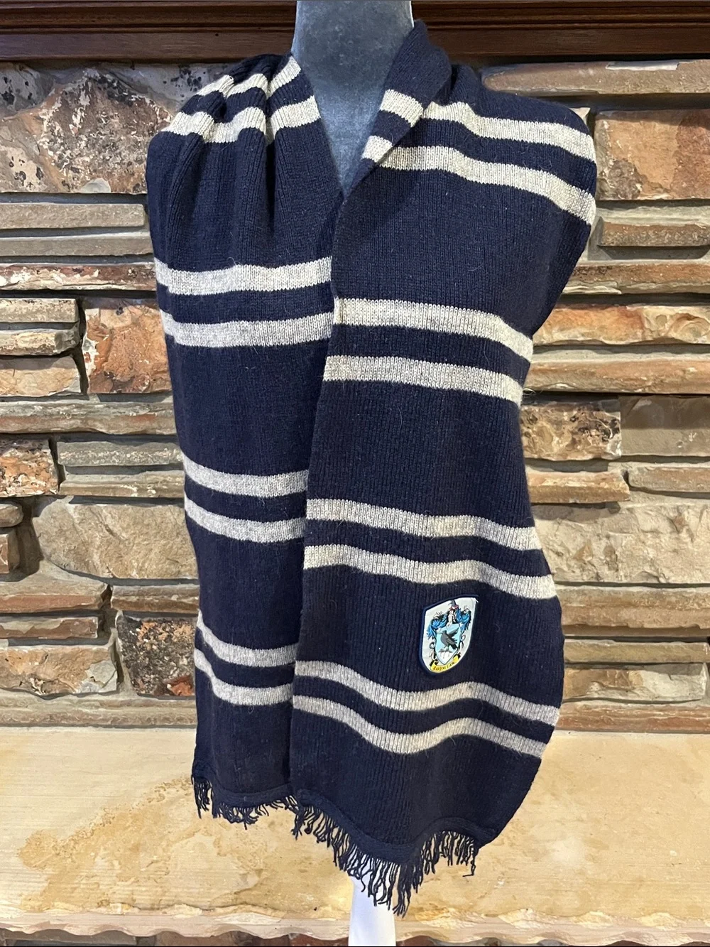 Harry Potter Ravenclaw Navy and Cream Striped Knit Wool Scarf with Crest Patch