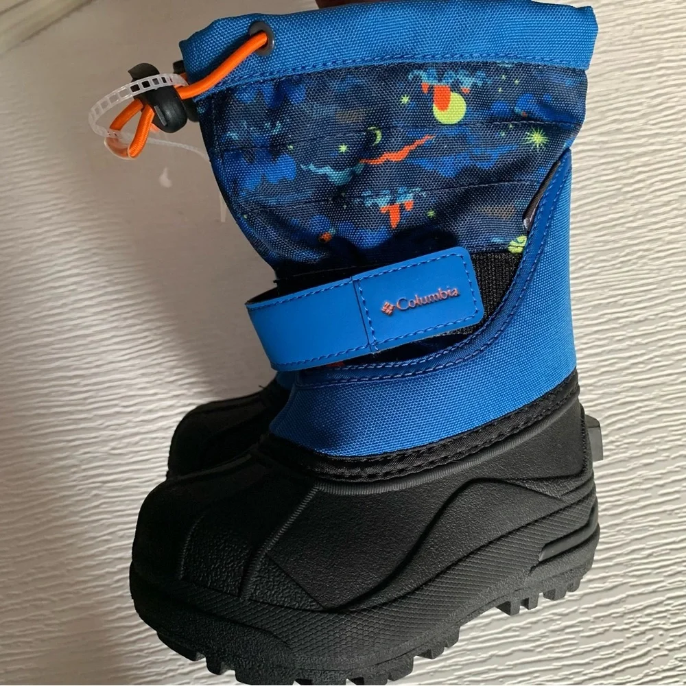 nwt Columbia Youth Powderbug Plus II Print Boot in Blue Black Size 6 & 7 Toddler