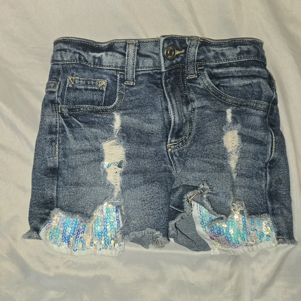 Justice Girl's Blue Distressed Denim Sequin Shorts Size 7