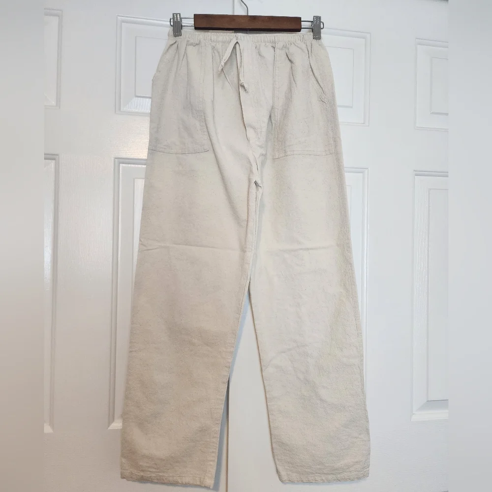 Cream Color Cotton Pockets Faux Zipper Straight Leg Wome's Pants Size L