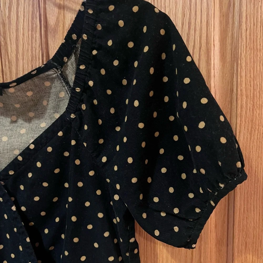 Madewell Corduroy Puff-Sleeve Button Wrap Top Black in‎ Tan Oval Dot Size XS