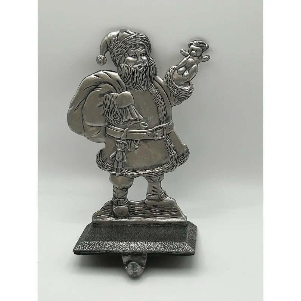 Vintage Pewter Santa Claus Stocking Holder Shelf Fireplace Stocking Holder Hook