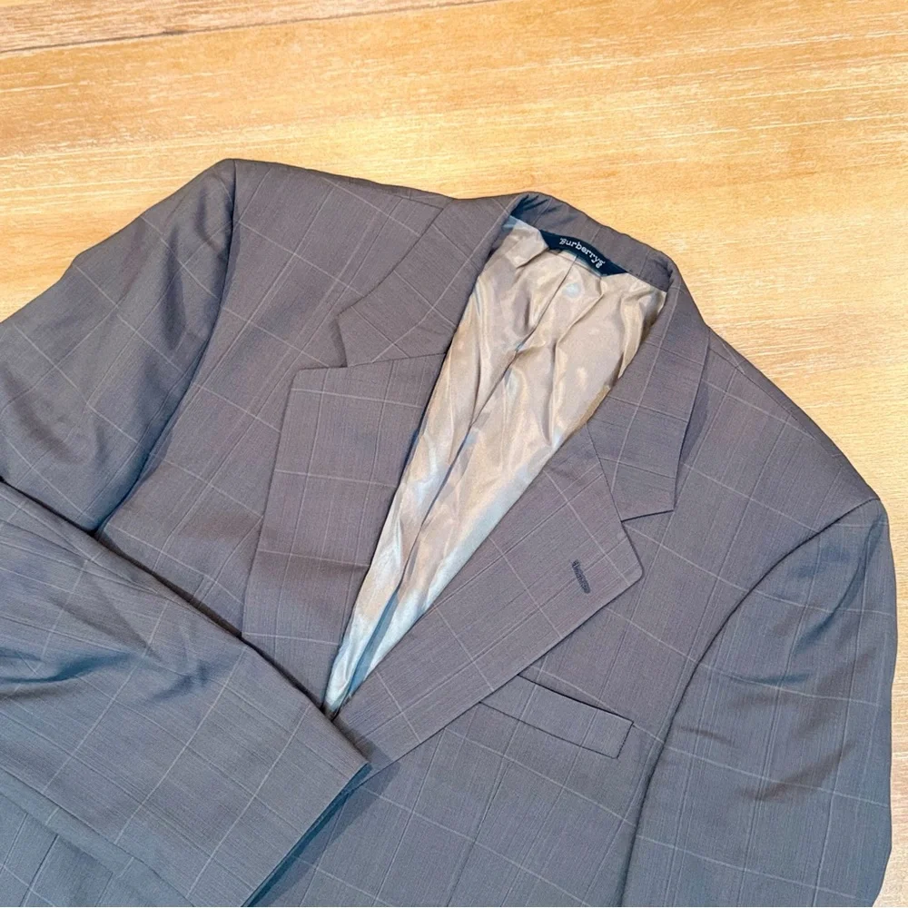 Vtg Burberry’s 100% Wool Blazer Grey Green Plaid 2 Button Closure Sz ~44‎