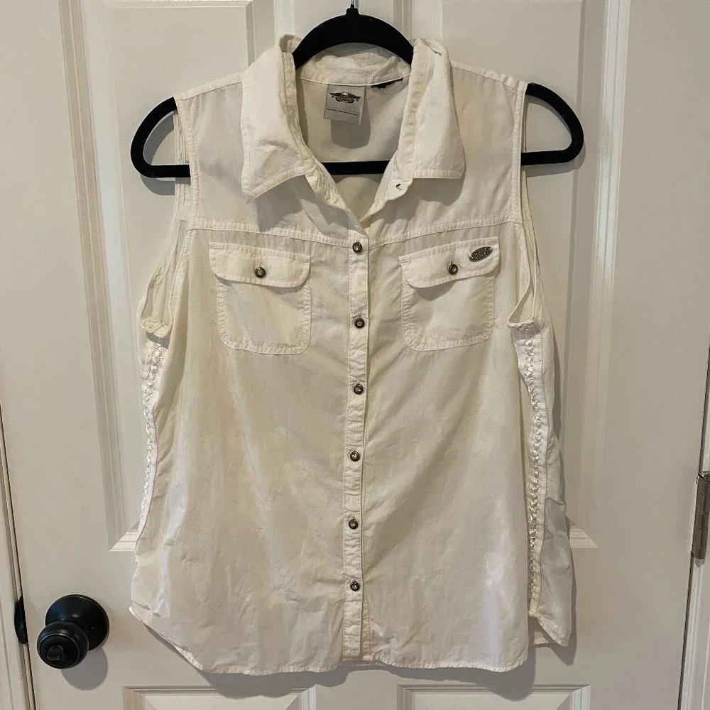Harley Davidson White Rhinestone Loose Tank Blouse - Size‎ M/L