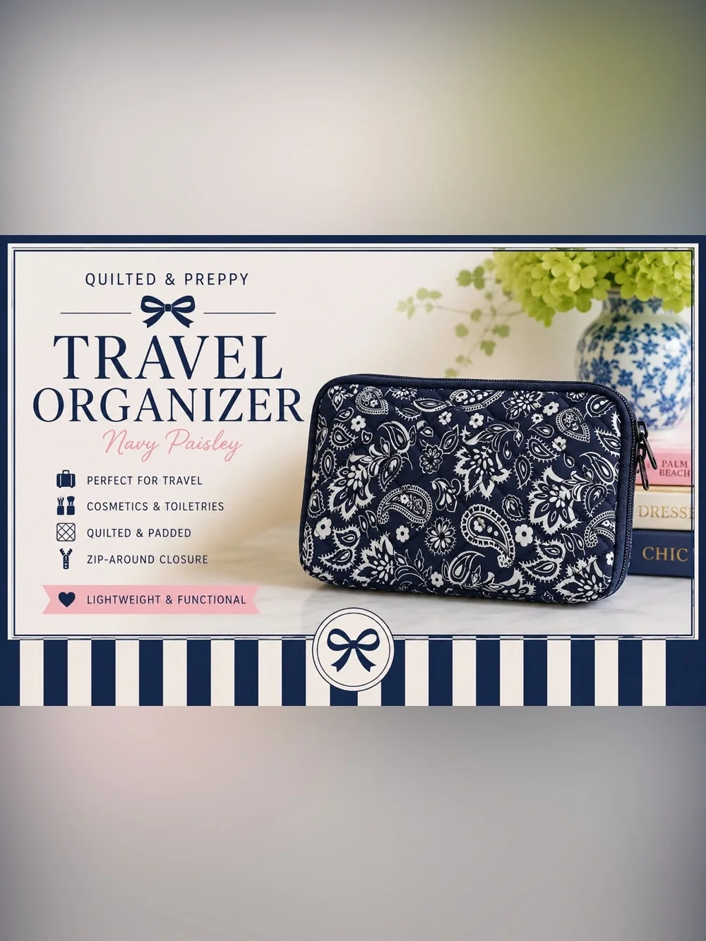 Navy Paisley Quilted Cosmetic Travel Organizer Bag