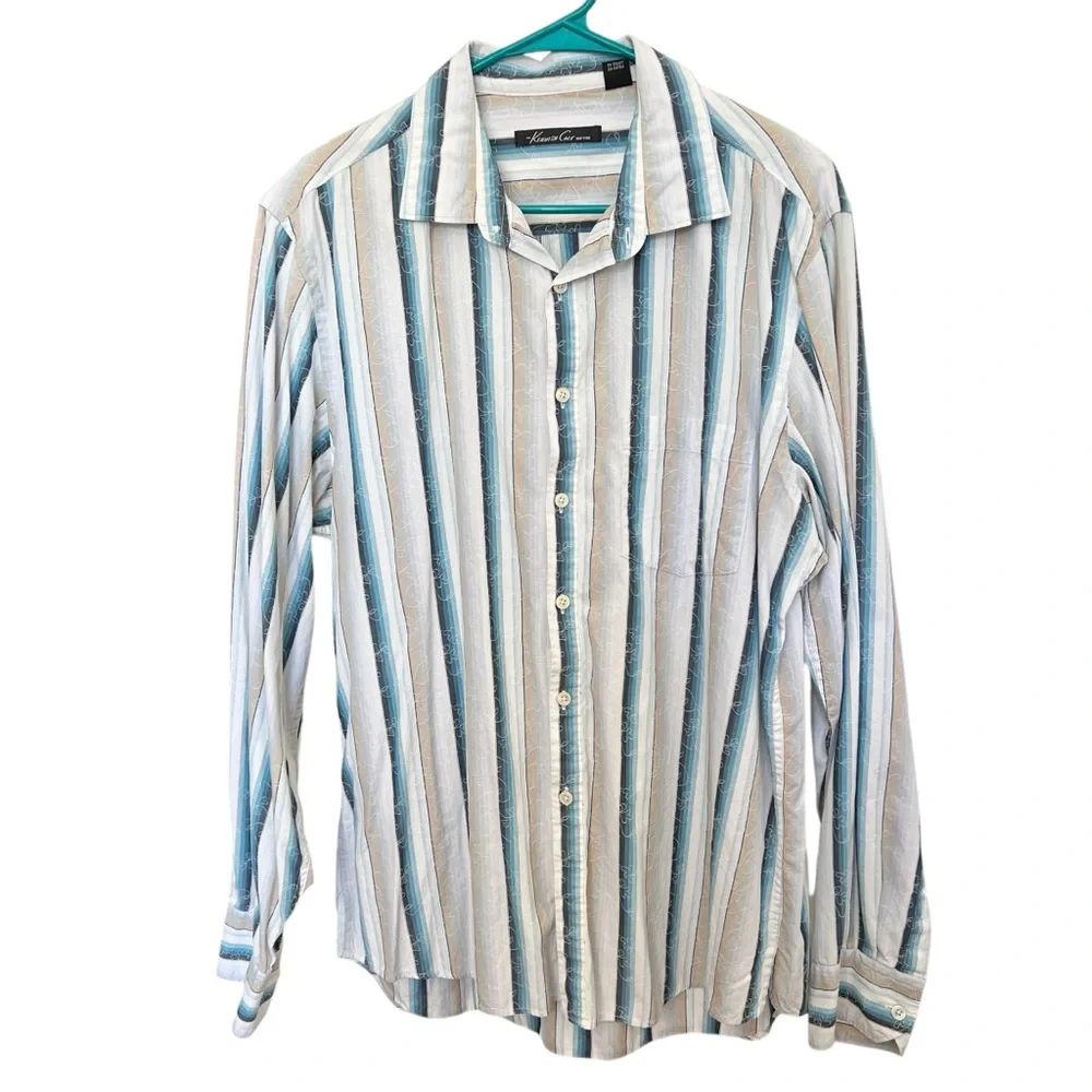 Kenneth Cole Shirt Men Large Button-Up Striped Embroidered Long Sleeve Blue Whit