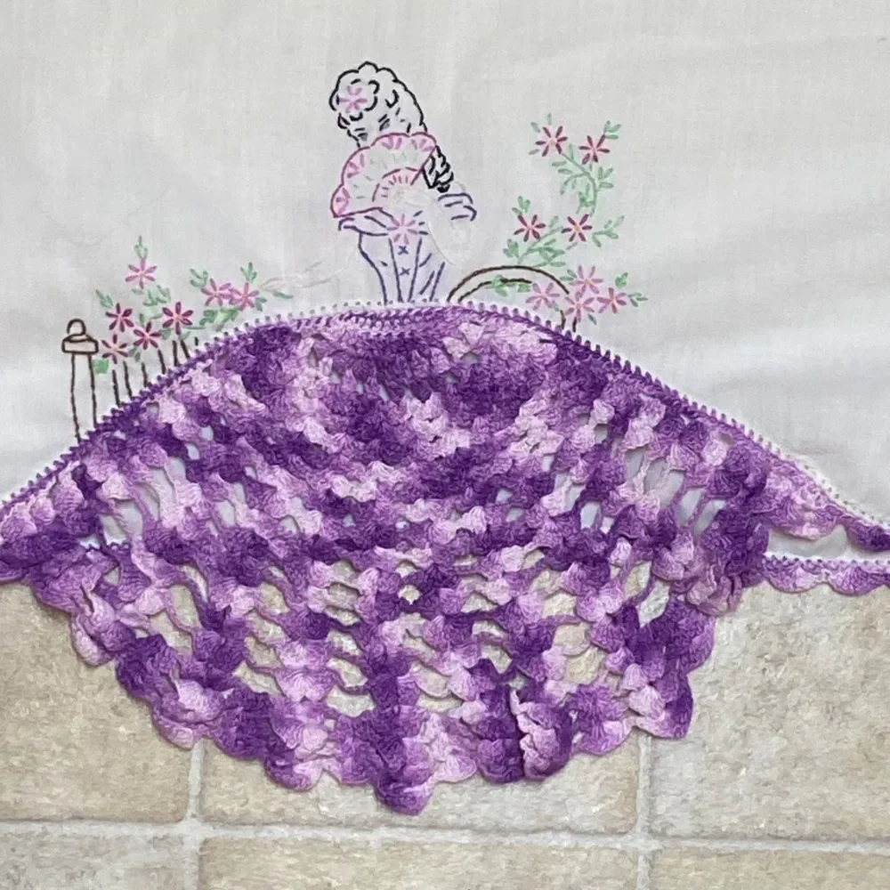 VTG, Hand Crochet Standard Pillow Case White And Purple Crochet Detail