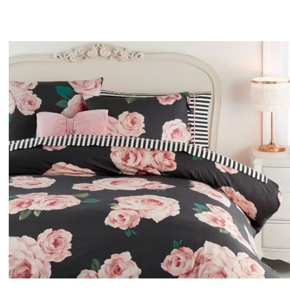 Emily & Meritt for PBteen Twin Duvet Cover Black Pink Floral Rose 100% Cotton