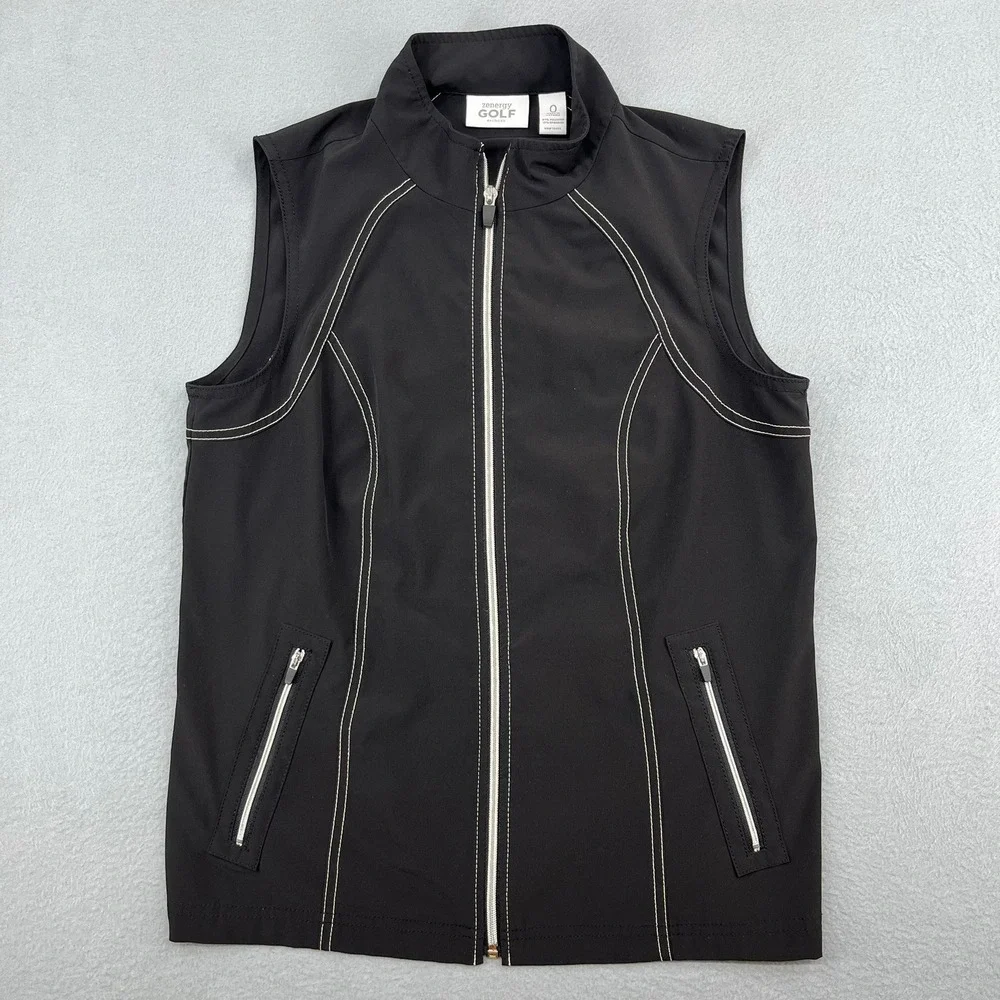 Chico's Zenergy Golf Women's Black Full Zip Vest Size 0 Mock Neck Contrast