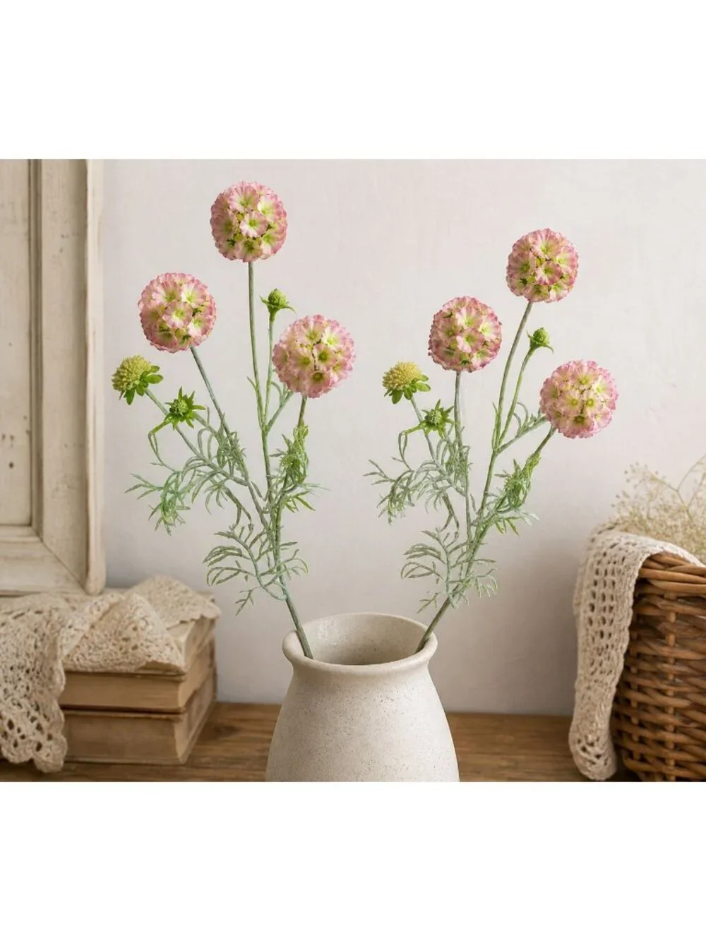 Scabiosa Flower Stems Pink Green Faux Wildflower Floral Filler