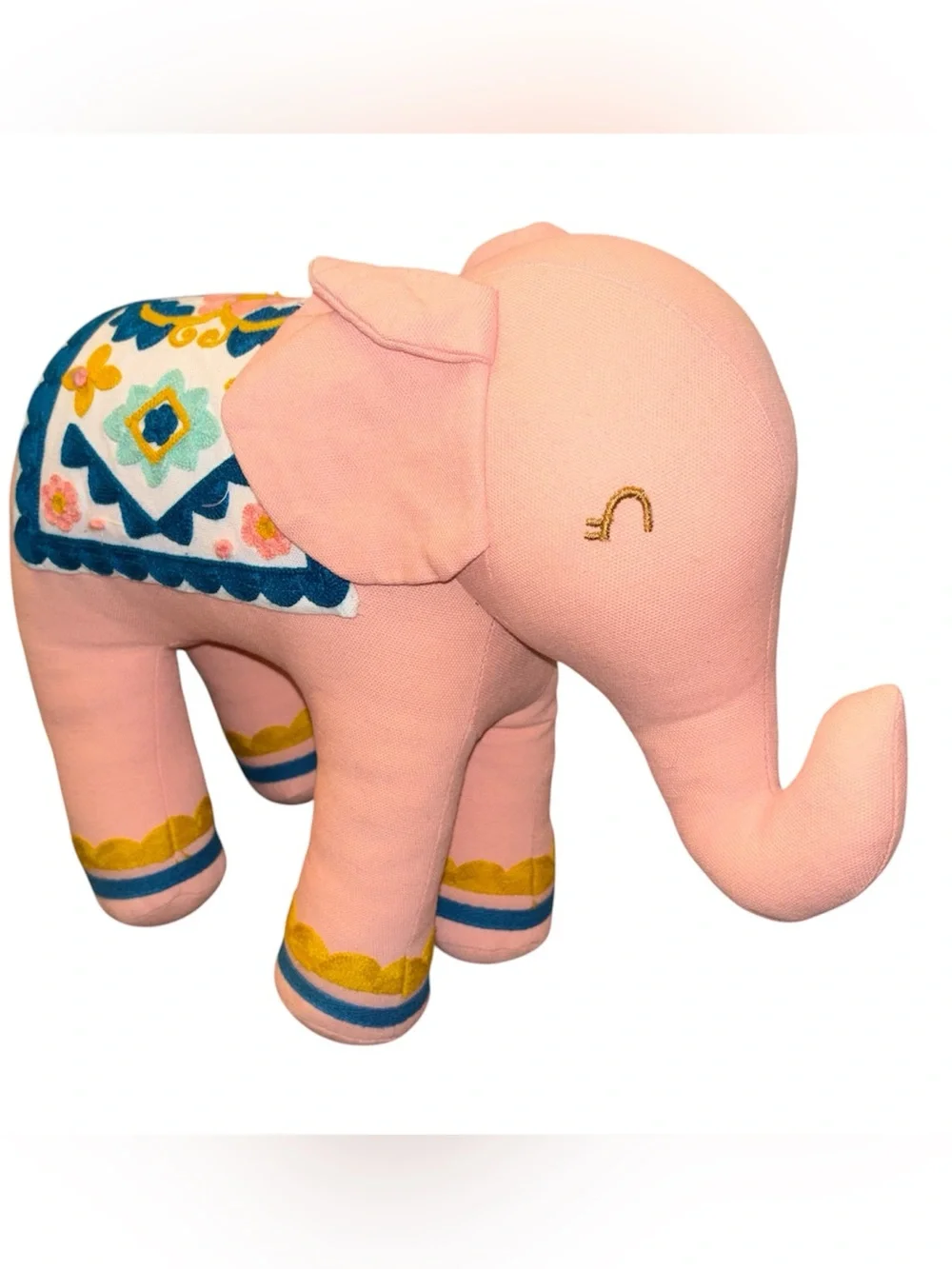 Retired Pink Embroidered Elephant Plush with Colorful Saddle