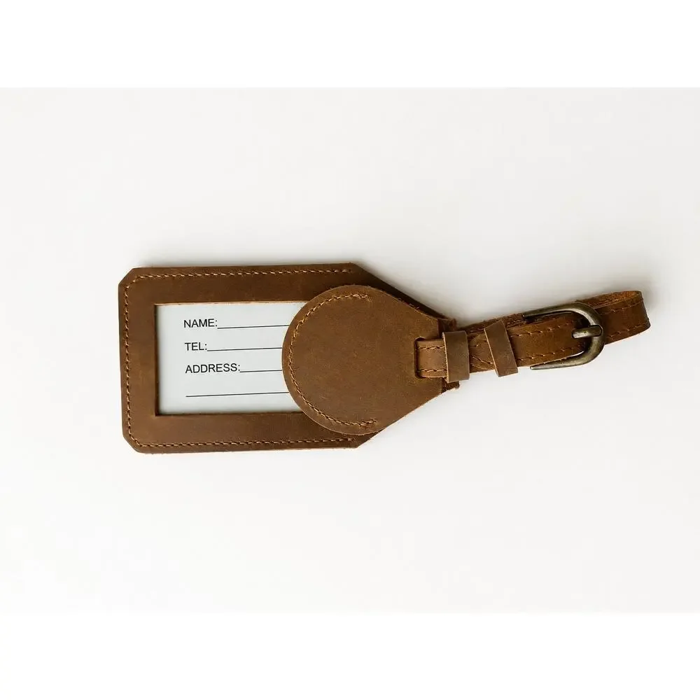 Leather AirTag Holder Luggage Tag Travel ID Case Brown Buckle Strap