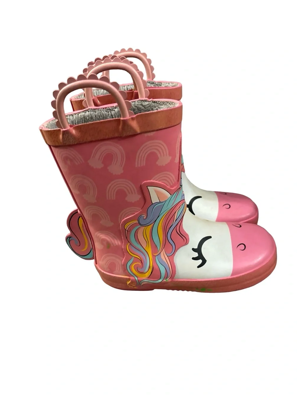 Kids Pink Sherpa Lined Unicorn Rain Boots with Rainbow Details Size 9-10