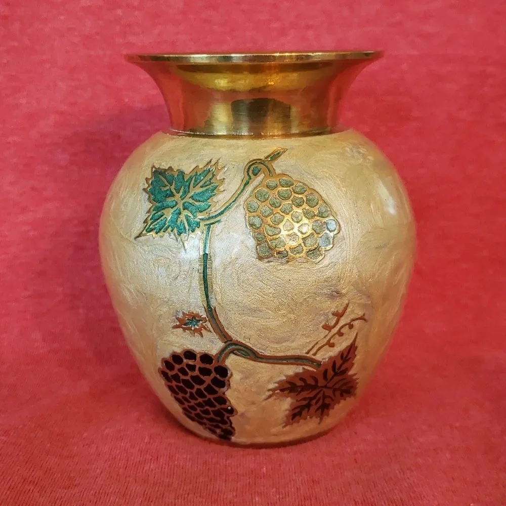 Pretty Vintage Brass Vase with Pearlescent Outer Design