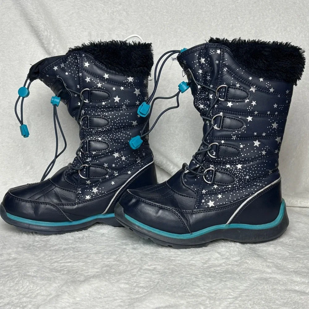 Lands' End Kids Navy Blue Star Print Winter Snow Boots Fur‎ Trim Warm Waterproof