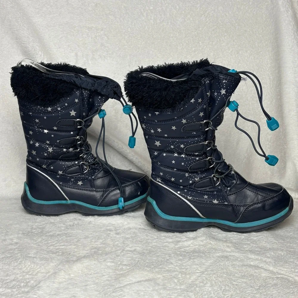 Lands' End Kids Navy Blue Star Print Winter Snow Boots Fur‎ Trim Warm Waterproof