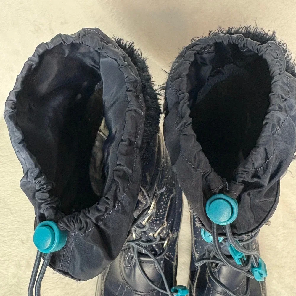 Lands' End Kids Navy Blue Star Print Winter Snow Boots Fur‎ Trim Warm Waterproof