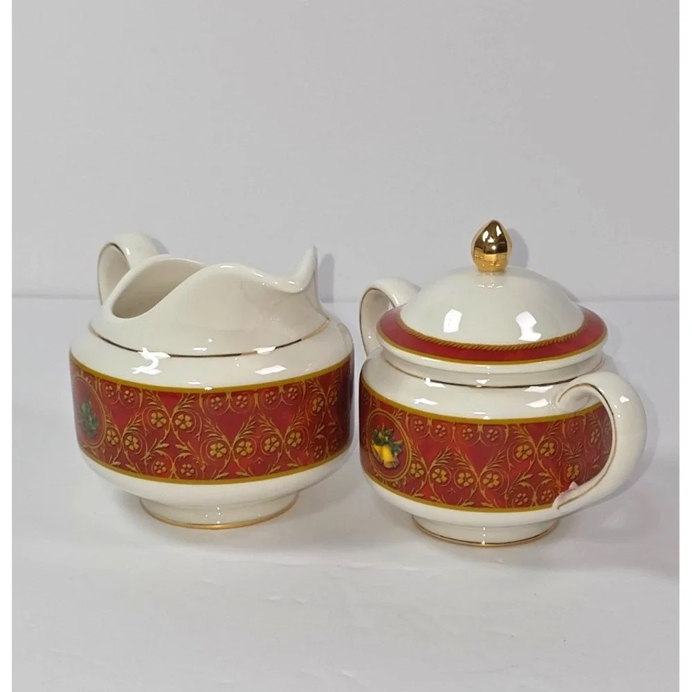 gund john grossman christmas creamer and sugar bowl set ceramic‎ 2008 red gold