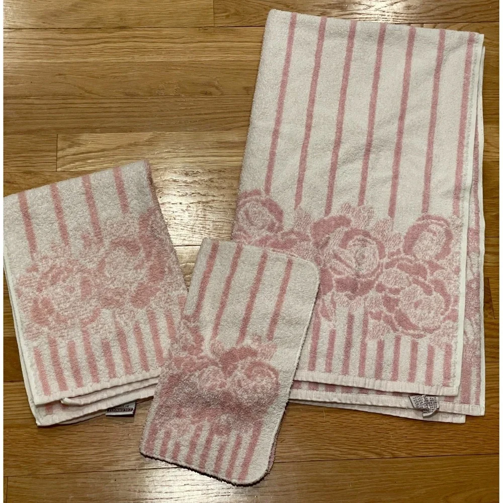 Vtg Colormate Stevens 3 Piece Towel Set Pink White Rose Stripe Bath‎ Hand Wash