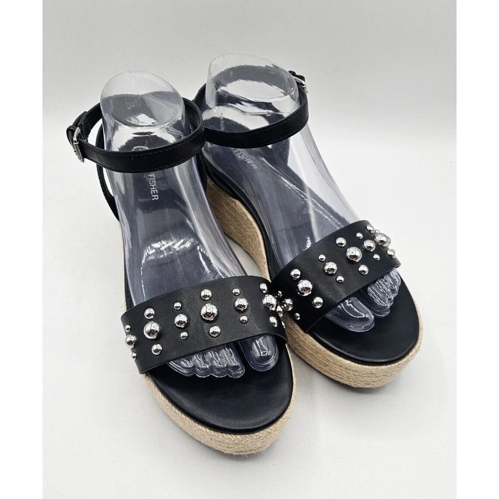 Marc Fisher Womens Joyce Sandals‎ Size 10M Black Vegan Leather Studded Platform