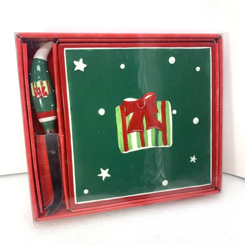 Vintage Ceramic Christmas Cheese Title Set Knife Green Board Gift, NEW