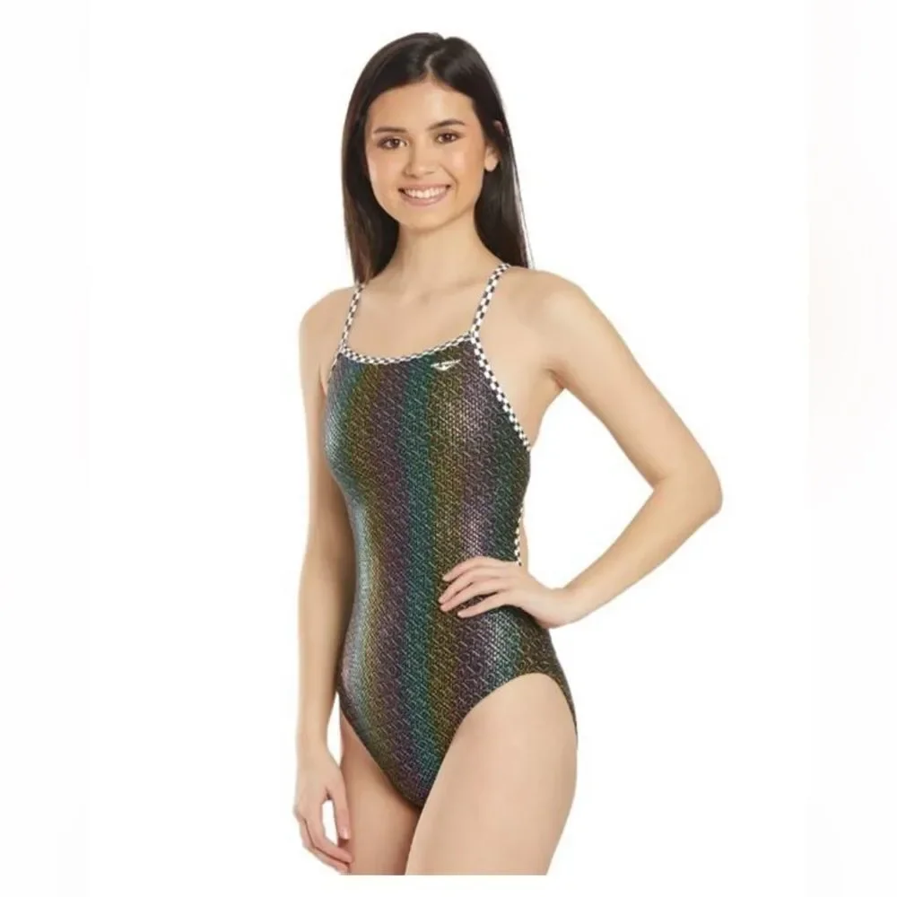 NWT New THE FINALS Racing Swimsuit Glitz Glam Foil Rainbow Flutterback 22 Girl 5