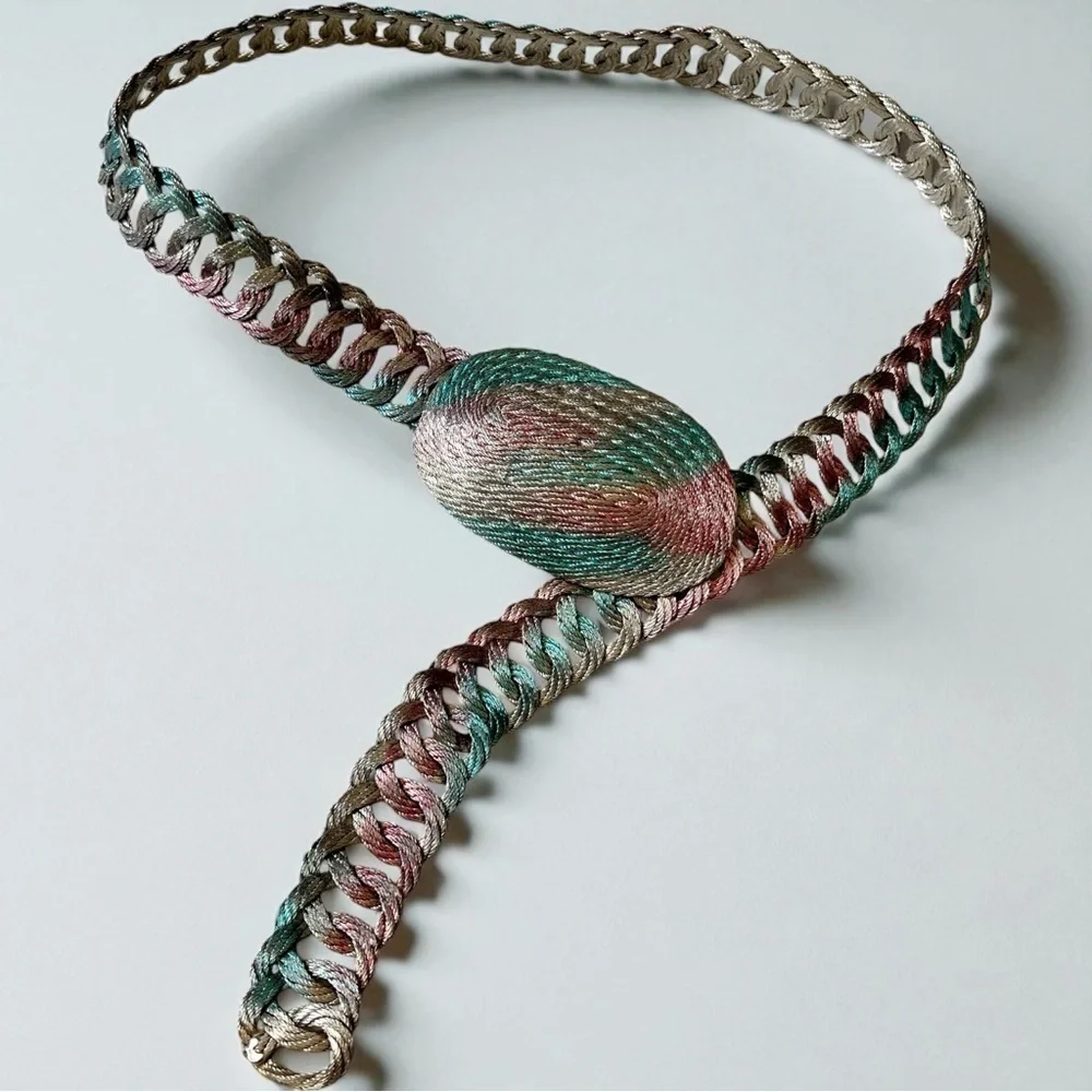Vintage 80s 90s Metal Chain Belt Colorful Woven Rainbow Small