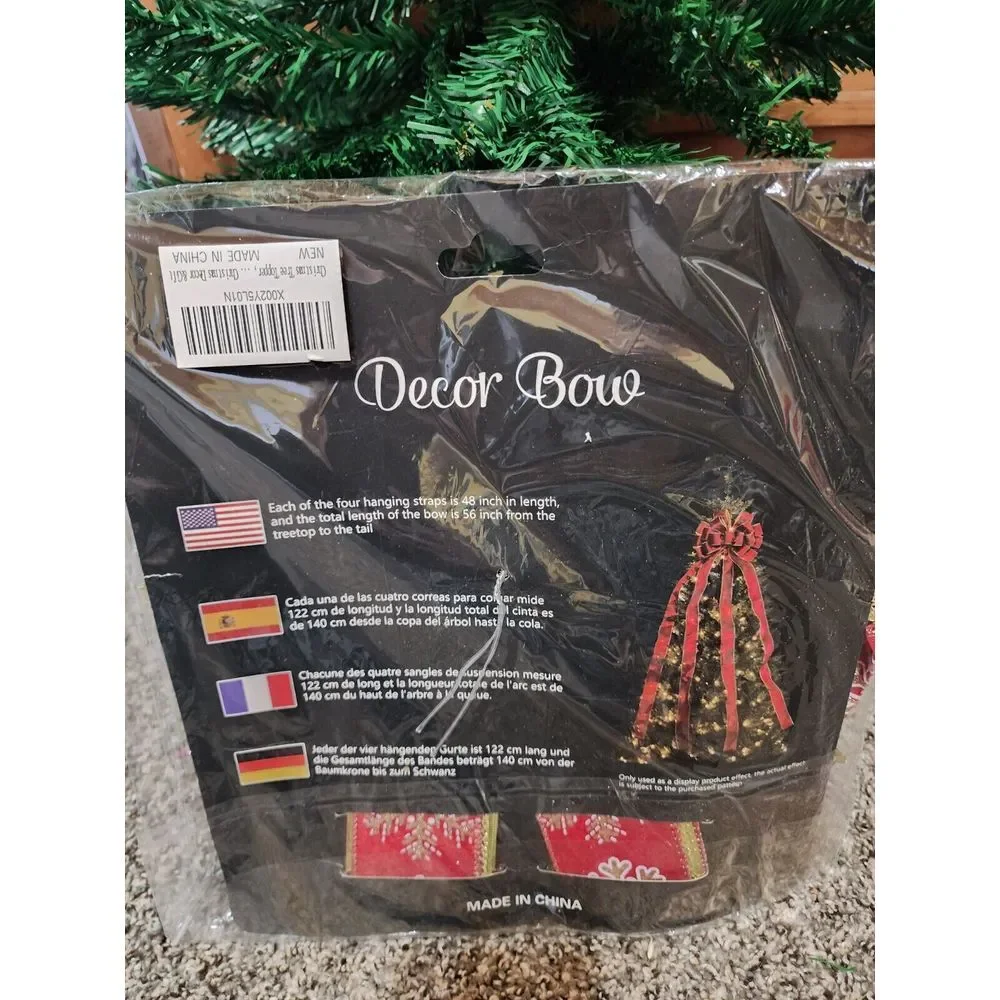 Christmas Tree Topper Bow with Glitter Satin Mesh Streamer Decor 56 Inches