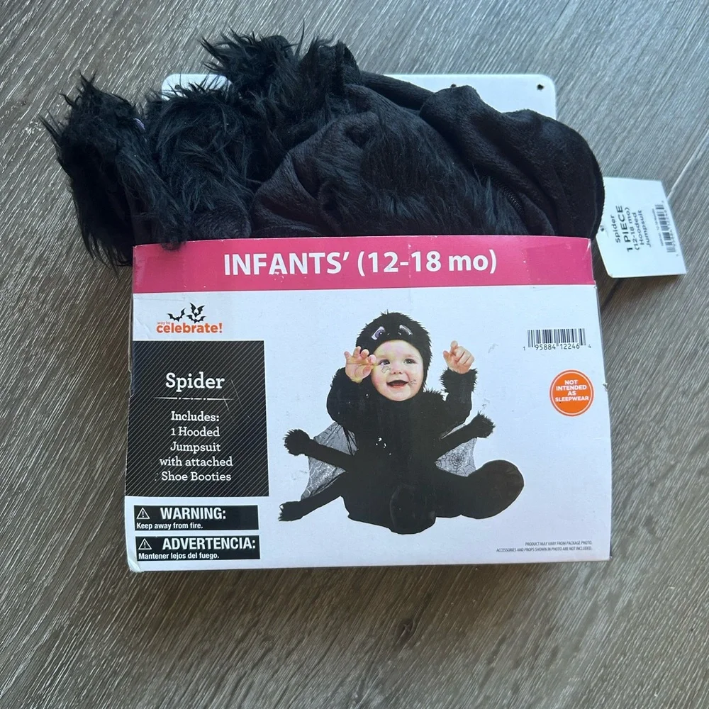 NWT Baby 12-18 M Black Spider Halloween Costume Hooded Jumpsuit