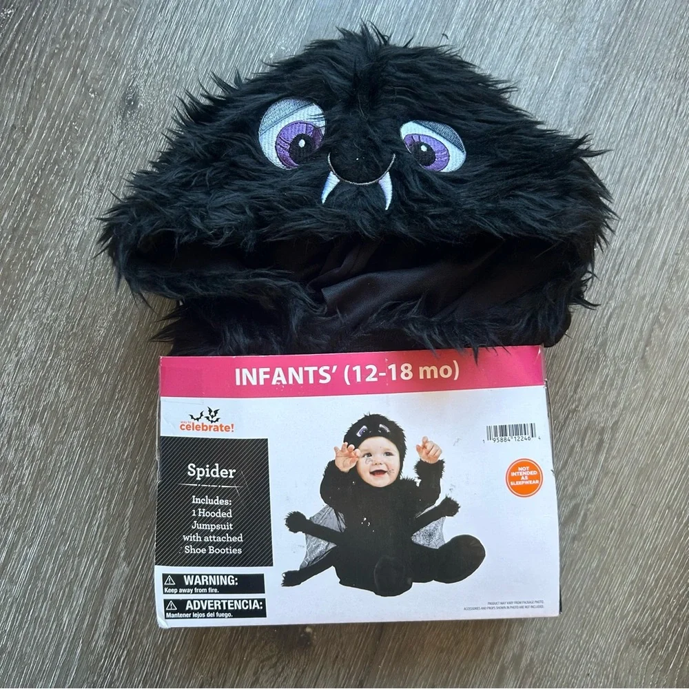 NWT Baby 12-18 M Black Spider Halloween Costume Hooded Jumpsuit
