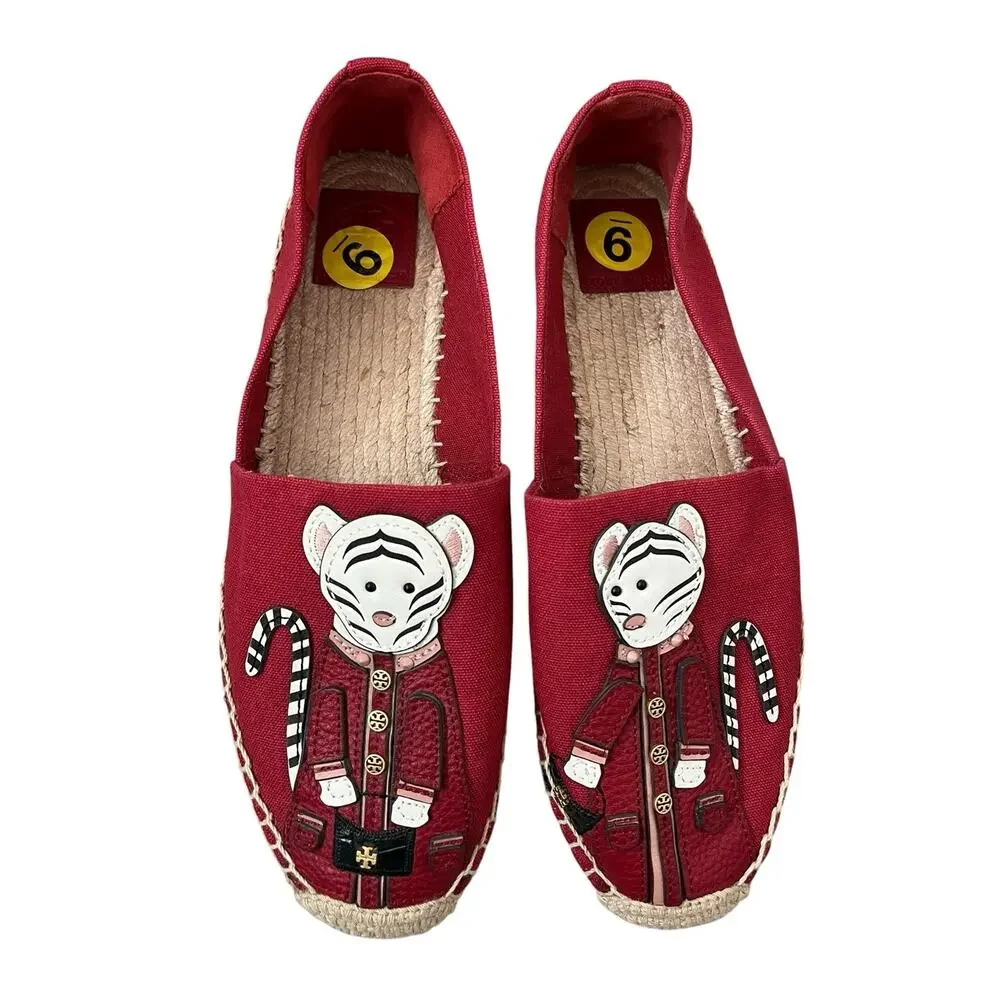 Tory Burch Tilly Tiger Espadrille Flats Red Canvas Leather Slip On Whimsy Size 9