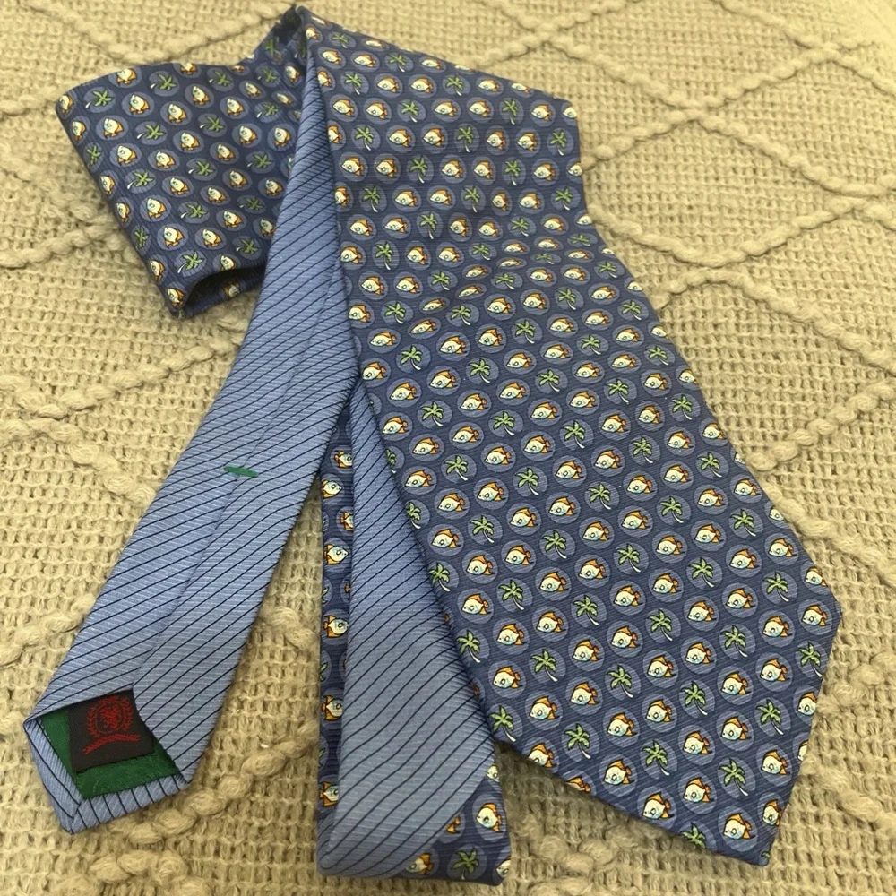Vintage Tommy Hilfiger Blue Palm‎ Tree Fish Print 100% Silk Men’s Neck Tie Good