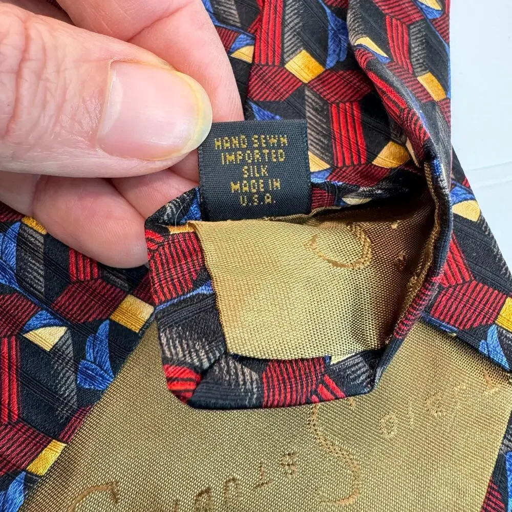Robert Talbott 100% Silk Necktie Geometric Print Tie Maroon Gold Blue Black