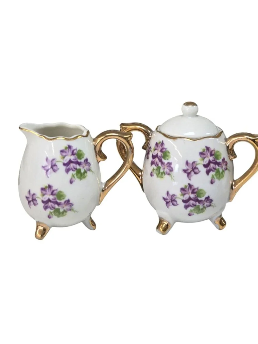Vintage Enesco Japanese Creamer & Sugar Set Purple Floral Gold Trim Footed 3.5