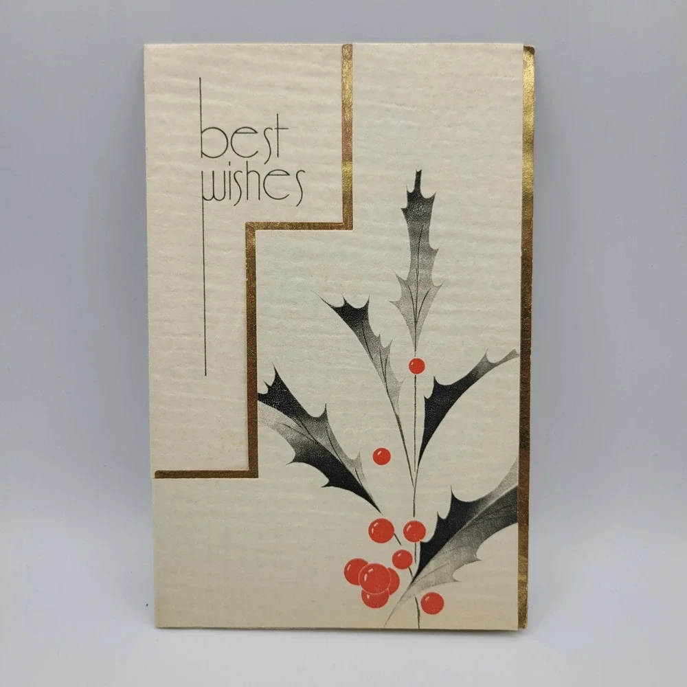 Vintage Best Wishes Christmas Card Linnea & Harold Gold‎ Foil Holly