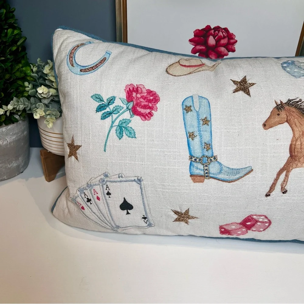Western Luck Themed Decorative Pillow Whimsical Cottagecore Playful Ranch Decor