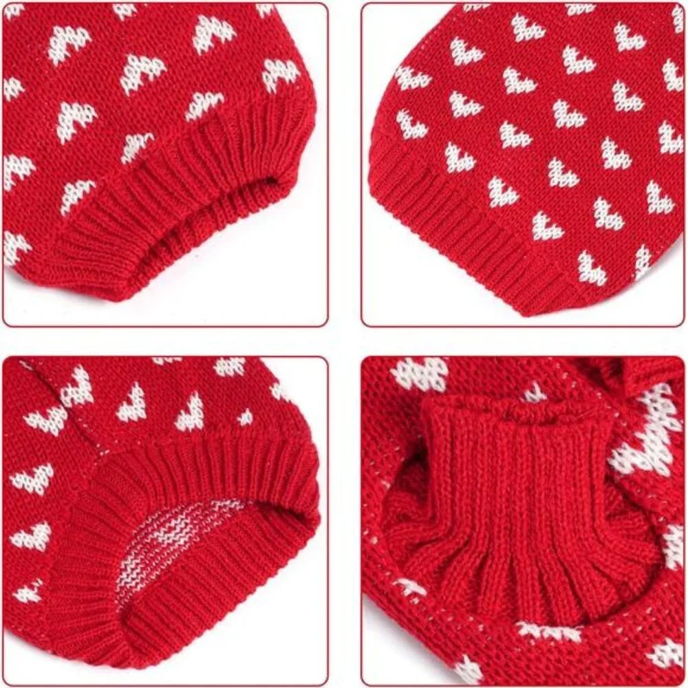 Red Dog & Cat Sweater Knitted Heart Puppy Pullover Warm Soft Holidays Clothes