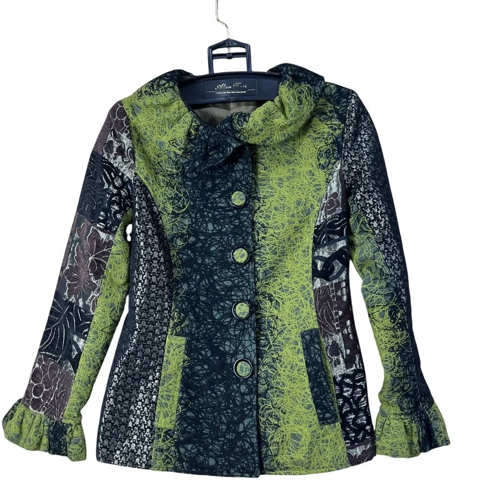 Lindi Jacket Womens S Green Black Silk Blend Art to Wear Patchwork Ruffle Cuff