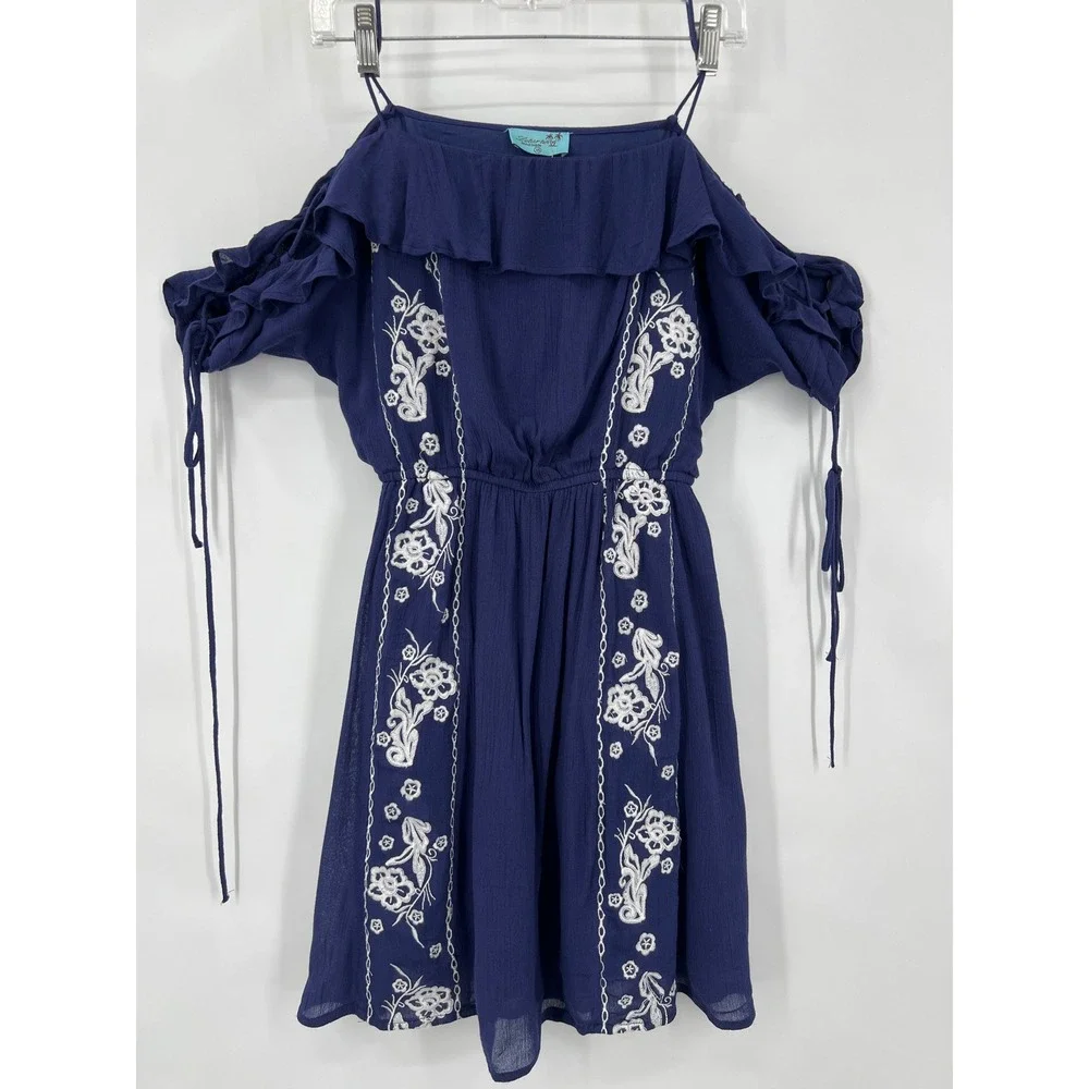 Letarte Maui Hawaii Navy Blue Embroidered Off Shoulder Ruffle Dress Womens‎ XS