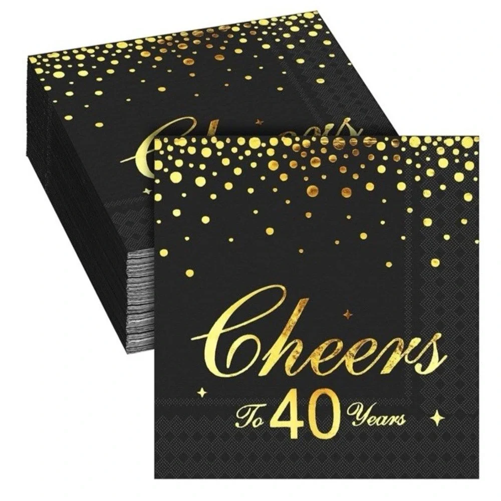40th Birthday Napkins 60 Pack 5 x‎ 5 Black & Gold Foil Cake Food Cheers 40 Years
