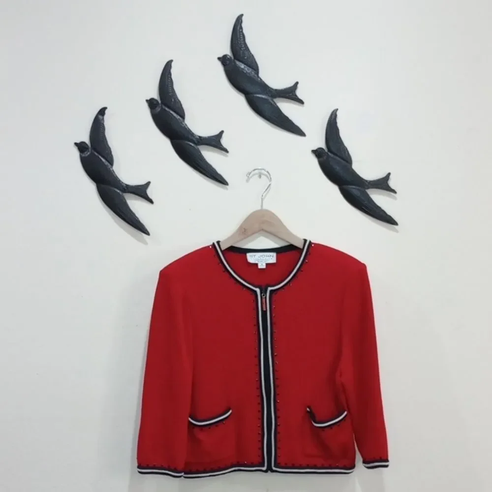 St. John Collection By Marie Gray Red Knit Zip Front Blazer Cardigan Sweater 8