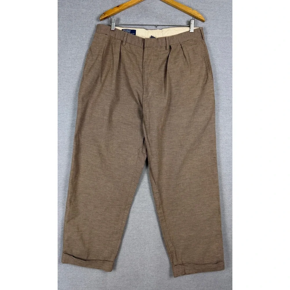 Polo Ralph Lauren Mens Brown Micro Houndstooth Pleated Cuffed Cotton Pants 35x27