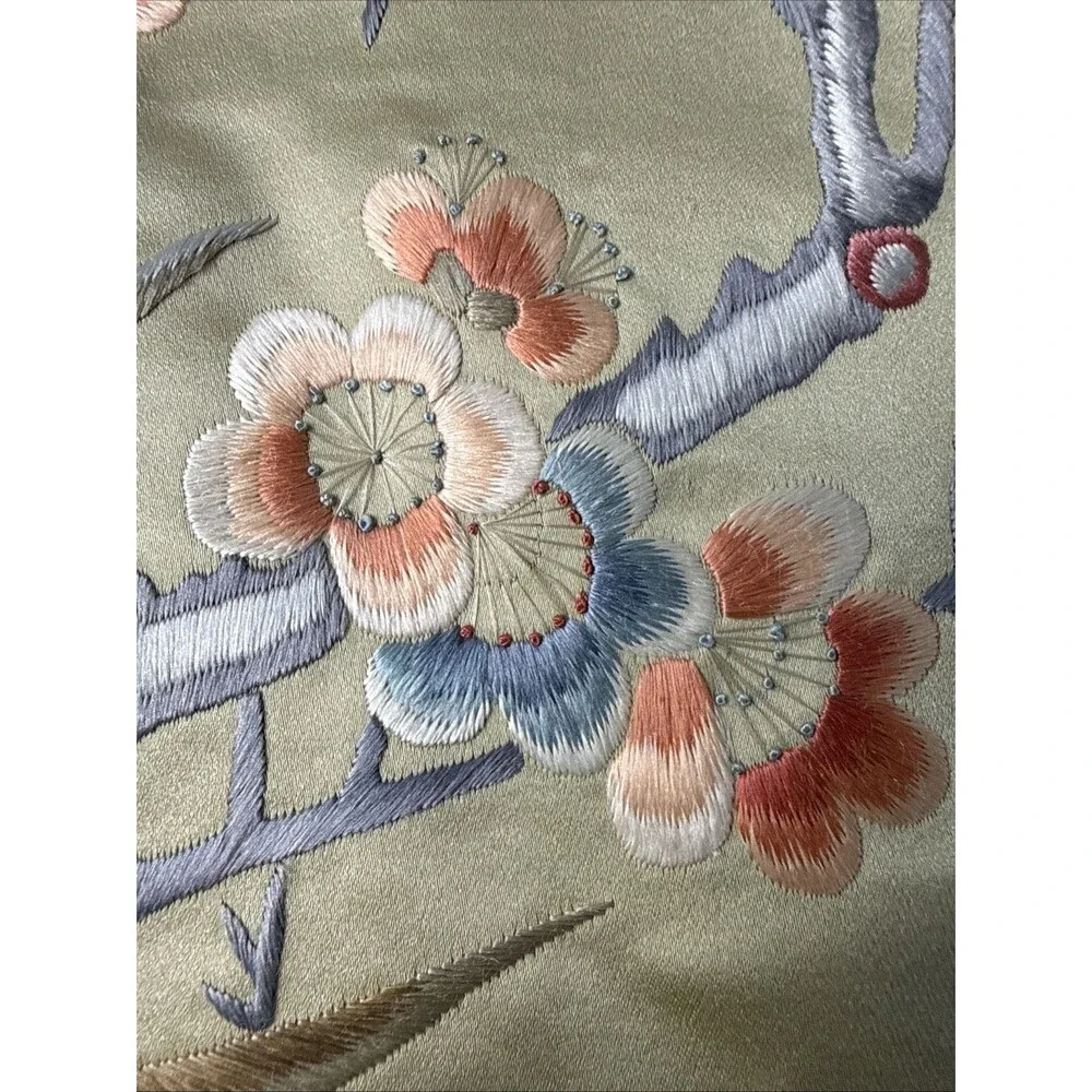 Vintage Asian Silk Hand Embroidered Tapestry Floral Bird Design 13”x26”