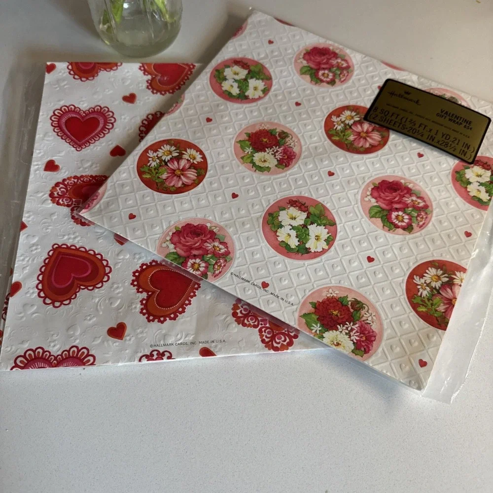 Hallmark Valentine Gift Wrap Paper Lot of 2 Packs Vintage 80s‎ Embossed Floral